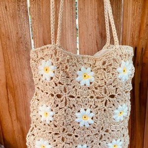 Crochet Shoulder Bag, Flowers in Squares design, Boho Purse, Summer Bag, Vintage